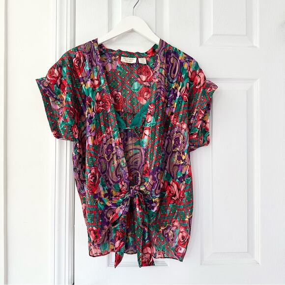 Victoria's Secret Other - Victoria’s Secret Vintage Red Pink Green Plaid Paisley Bralette Kimono Set